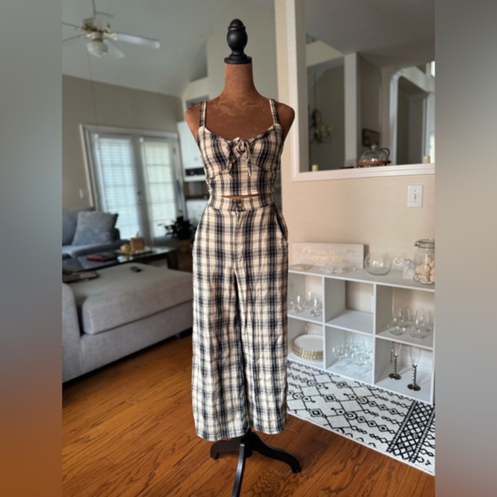 Hollister Beige and Black Plaid Jumpsuit